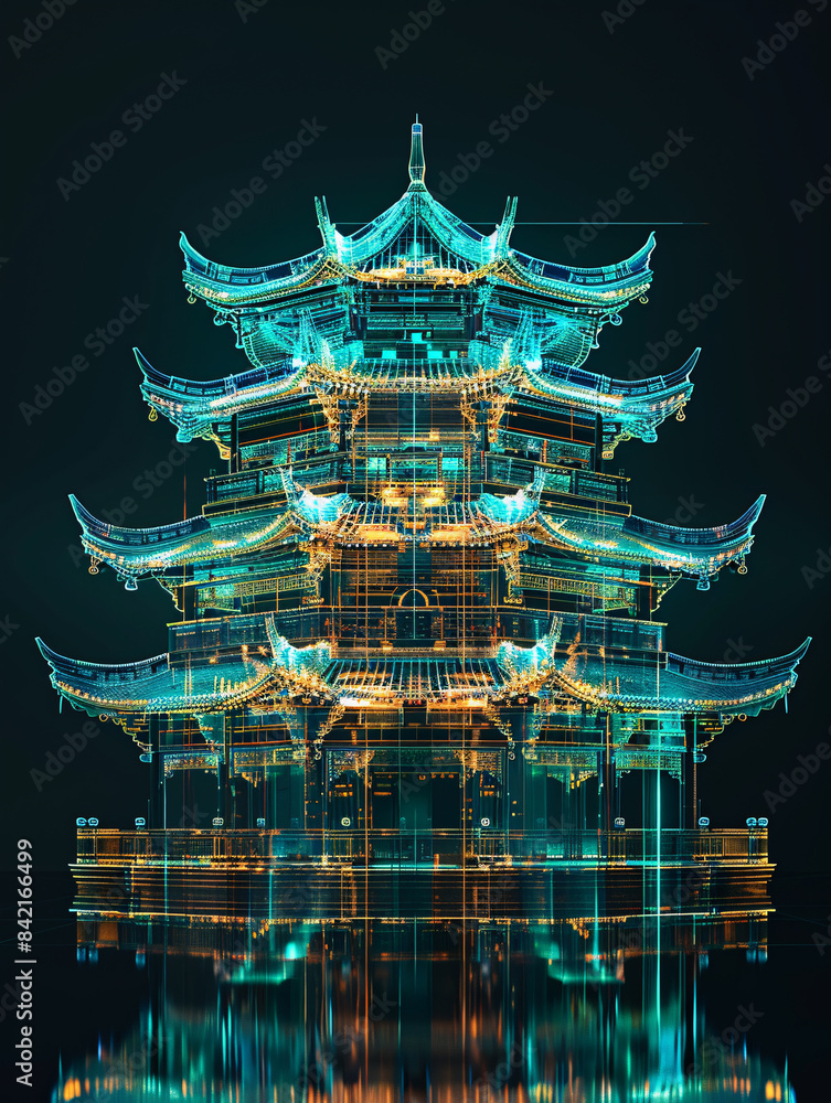 Aufkleber classical chinese architecture hologram line x-ray technology background 3d rendering