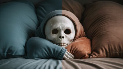 A white skull sitting on a bed with pillows and blankets, AI