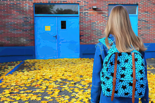 A young girl with long blonde hair stands in front of a blue school door with a backpack on her back. The ground is covered in yellow autumn leaves