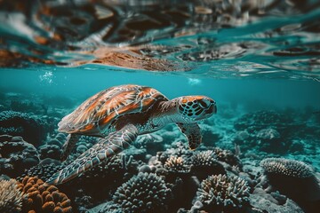Fototapeta premium Graceful Sea Turtle Swimming Over Coral Reef