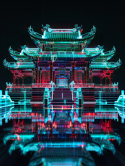 Fototapeta premium Classical Chinese architecture hologram line X-ray technology background 3D rendering 
