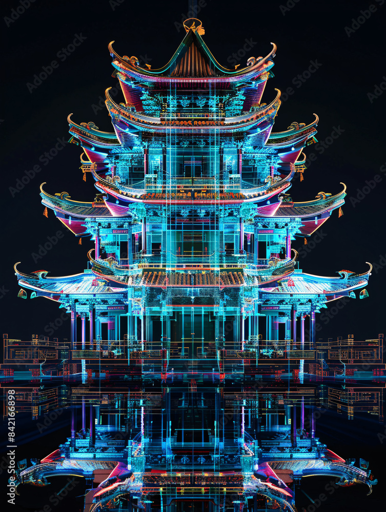 Aufkleber classical chinese architecture hologram line x-ray technology background 3d rendering