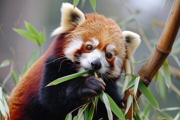 cute red panda eating bamboo