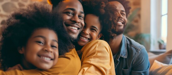 Fototapeta premium An African American family unit cherishes quality time, togetherness, warmth, and love, creating a harmonious and affectionate atmosphere filled with joy and happiness in their home