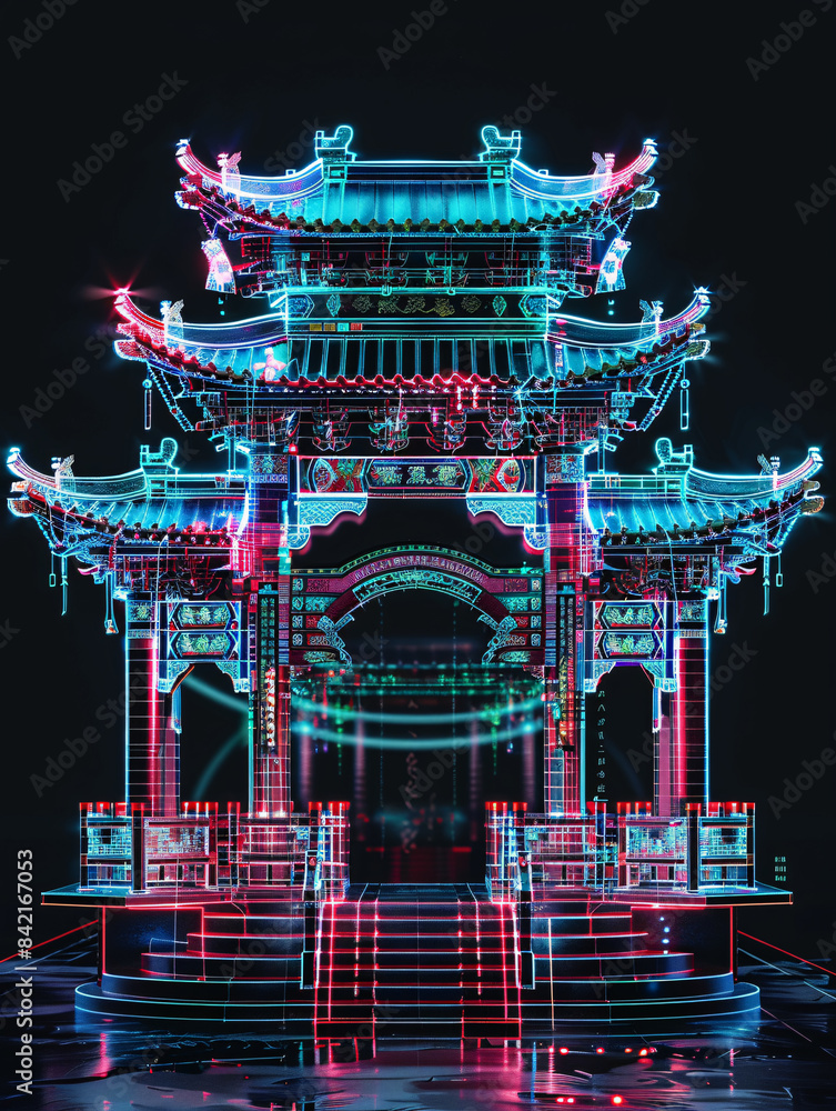 Aufkleber classical chinese architecture hologram line x-ray technology background 3d rendering