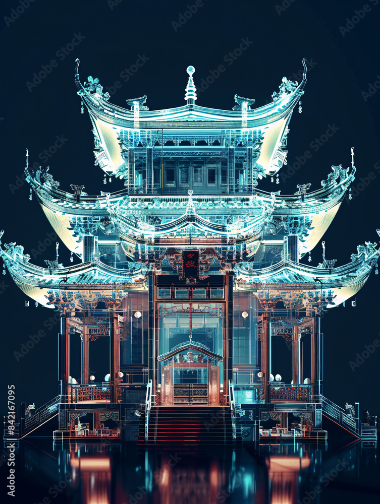 Aufkleber classical chinese architecture hologram line x-ray technology background 3d rendering