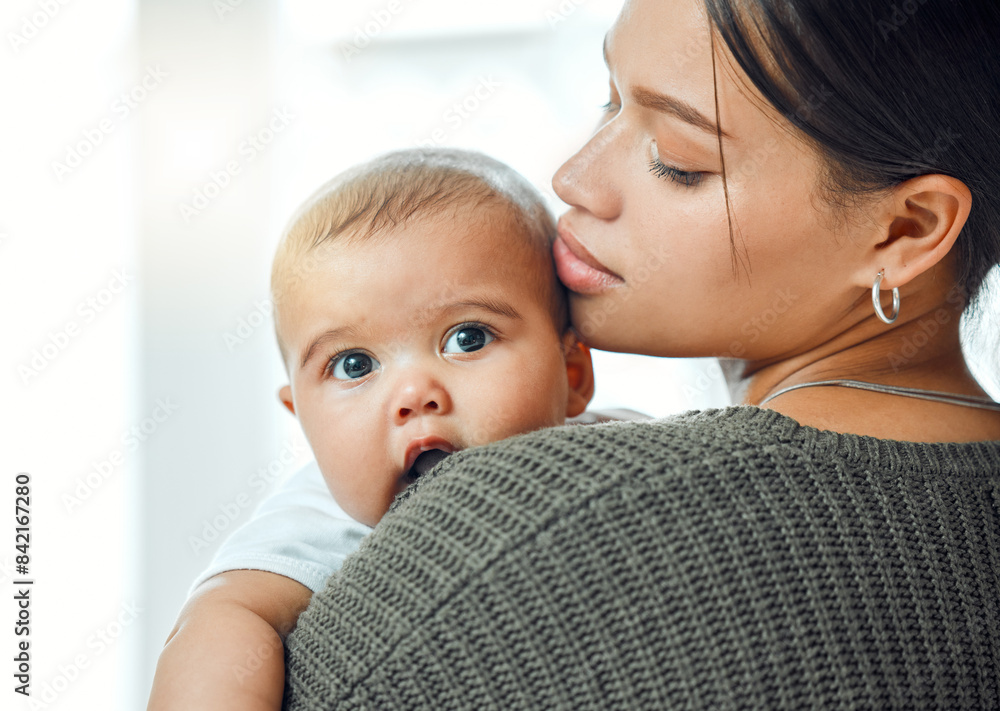 Canvas Prints Hug, woman and baby in arms for support, development and growth together in bedroom. Love, mother and child in family home for trust, connection and time with mama and healthy kid in apartment