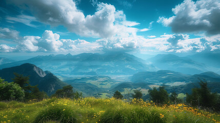 Naklejka premium Breathtaking view of a mountainous landscape under a dramatic sky filled with clouds, capturing the beauty of nature.