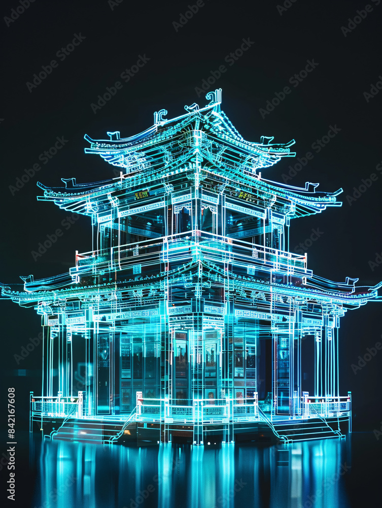 Aufkleber classical chinese architecture hologram line x-ray technology background 3d rendering