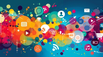 Abstract colorful background with social media icons and symbols, representing communication, connectivity, and digital world.