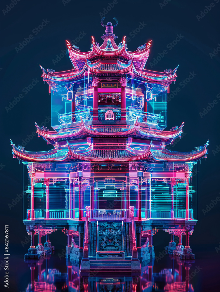 Aufkleber classical chinese architecture hologram line x-ray technology background 3d rendering