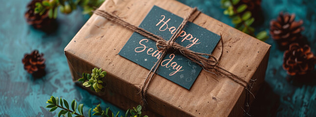Happy Fathers Day banner template. Top view vintage gift box with label Happy Father's Day on blue background.generative ai