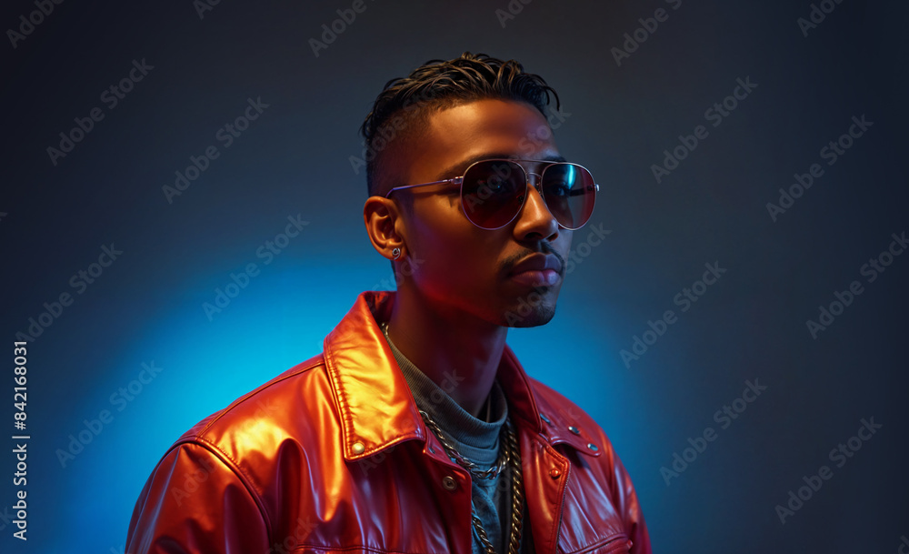 Wall mural Rapper wearing red leathter jacket and sunglasses on solid color background with copy space. Handsome hip hop artist looking at the camera