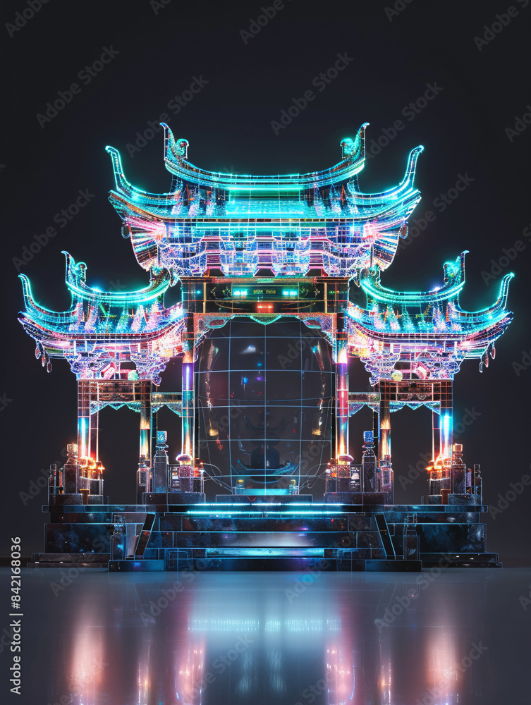 Poster classical chinese architecture hologram line x-ray technology background 3d rendering