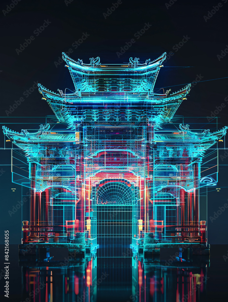 Aufkleber classical chinese architecture hologram line x-ray technology background 3d rendering