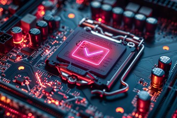 Close-up image of a glowing pink checkmark on a computer motherboard chip, indicating a secure connection