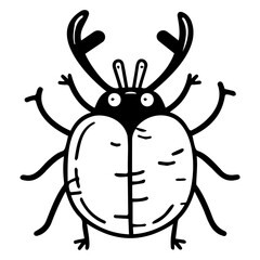 Black and white cartoon drawing of a stag beetle, featuring simple lines and a whimsical style.