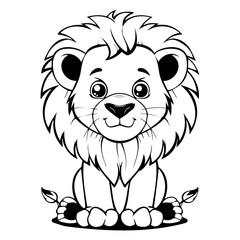 Fototapeta premium Charming cartoon lion illustration in black and white, perfect for children's books and educational activities.