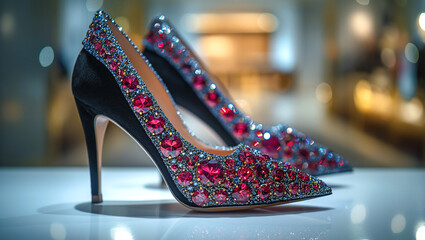 Closeup of the black suede women high heels encrusted with white diamonds and red ruby stones