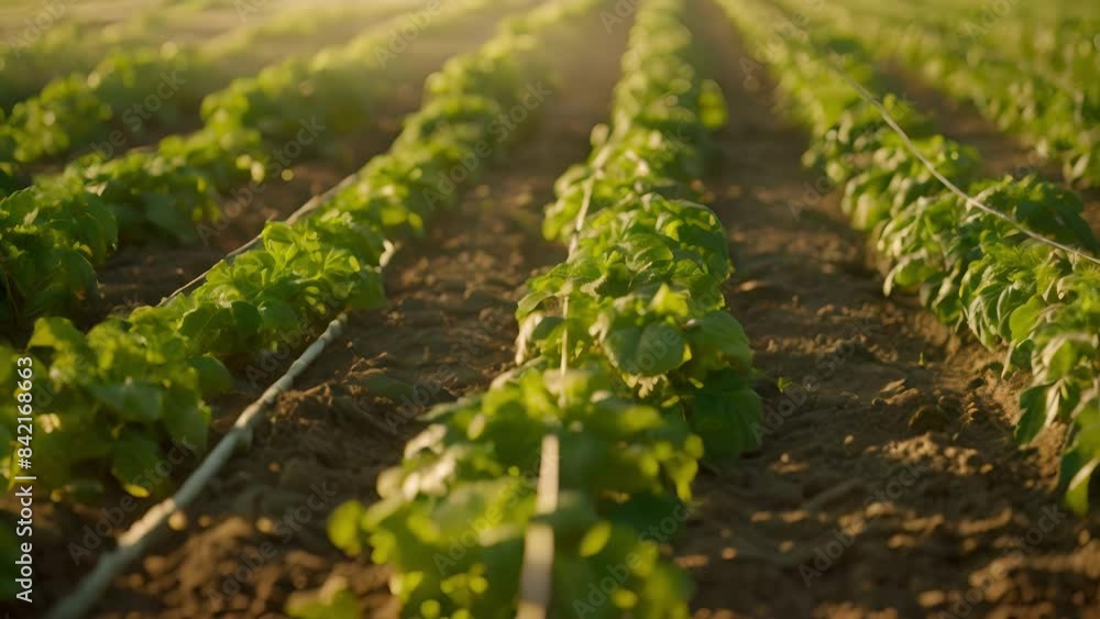 Poster a large field with several rows of crops each one connected to a drip irrigation system for optimal 