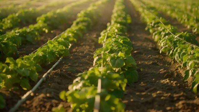 A large field with several rows of crops each one connected to a drip irrigation system for optimal water distribution.