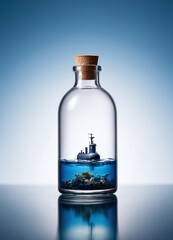 realistic resin miniature of submarine under sea water, inside of the glass bottle