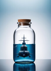 realistic resin miniature of submarine under sea water, inside of the glass bottle