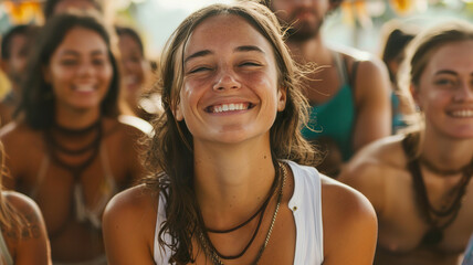 Fototapeta premium Group of Happy Young Friends Enjoying yoga retreat Outdoors
