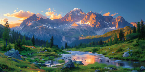 Fototapeta premium Vibrant Sunset Peaks Emerge from Lush Alpine Valley at Golden Hour
