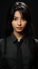 Fototapeta premium Asian female student, fresh and natural complexion, her black hair carefully combed and framing her face. She is dressed in a school-appropriate outfit, uniform. Looking forward