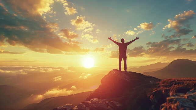 Sunset with a joyful and happy person’s silhouette gazing at the horizon, with mountains, clouds, and the brilliant sun. An epic background for motivational quotes