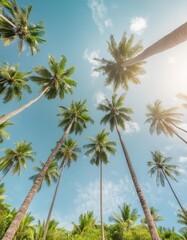 Obraz premium Tropical Landscape, Tall Palm Trees Against Blue Sky with Sunlight Filtering Through Leaves