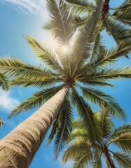 Fototapeta premium Tropical Serenity, Sunlit Palm Trees Against Blue Sky Background