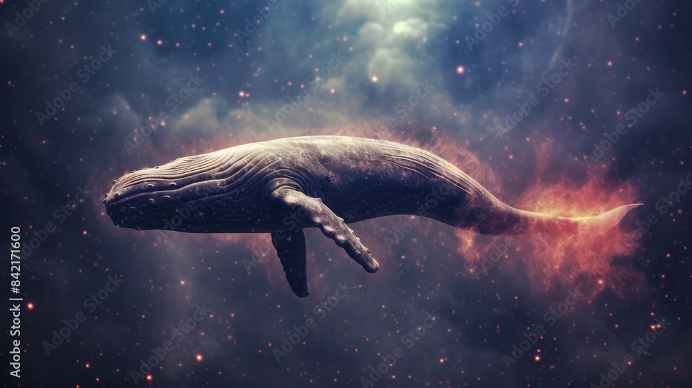 Poster surreal art design of a whale floating in space with a cosmic background and starry sky. digital art