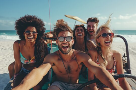 A group of friends has a blast riding a beach buggy on a sunny day. They are all wearing sunglasses, smiling, and laughing, enjoying the ocean views and the carefree summer adventure