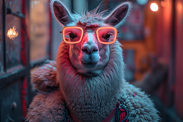 Electric Blue Harmony Unfolds - Majestic Llama Portrait in Neon Surrealism