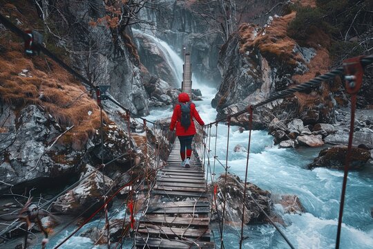 A woman in a red jacket walks across a suspension bridge over a rushing river in a mountain gorge. Generative AI - Powered by Adobe