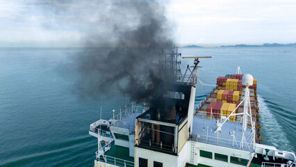 Smoke exhaust gas emissions carbon dioxide from cargo lagre ship container ship,Marine diesel...
