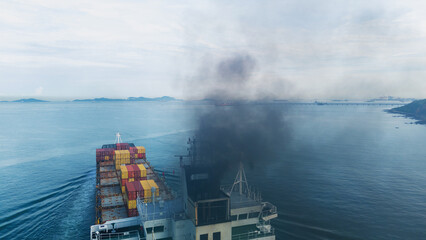 Smoke exhaust gas emissions carbon dioxide from cargo lagre ship container ship,Marine diesel...