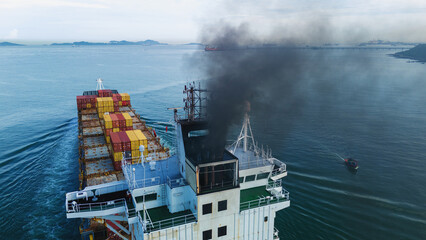 Smoke exhaust gas emissions carbon dioxide from cargo lagre ship container ship,Marine diesel...
