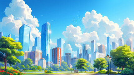 Fototapeta premium Beautiful modern buildings and a blue sky and white clouds cartoon style