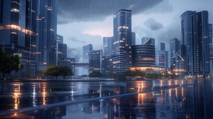 beautiful modern buildings , rain and rainy clouds, in the cartoon style