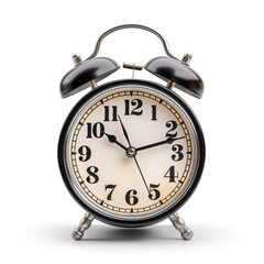 A close-up shot of a classic black and white alarm clock with a timeless design, showing the time on an analog dial. 