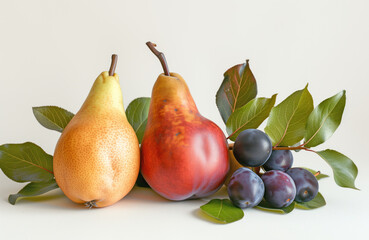 A bunch of fruit including plums and pears are displayed on a white background