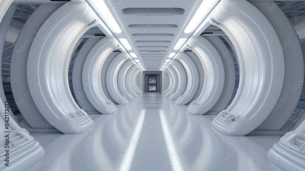 Poster futuristic corridor with circular architecture in a sci-fi spaceship. image of modern corridor of sp