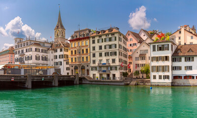 Evening view of Grossmunster church and Limmat river in Zurich Switzerland