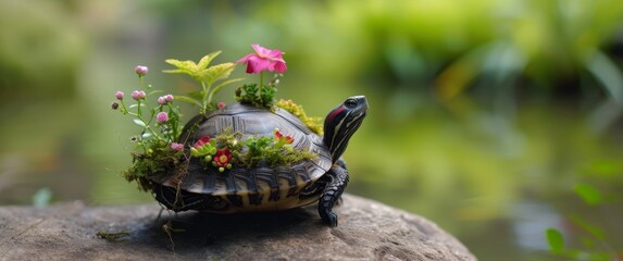 A turtle adorned with colorful flowers, a whimsical sight that embodies nature's beauty and charm. 🌼🐢