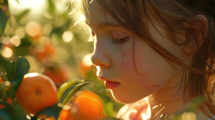 A young girl intimately engaging with the scent of a fresh citrus fruit in a sunlit grove. A young girl inhales the fresh scent of an orange amidst the warm glow of a citrus grove at sunset. AIG50