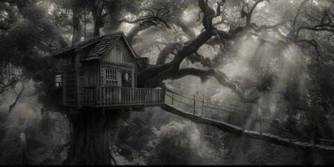 Whimsical treehouse perched in ancient tree, connected by wooden bridge. Black and white hues enhance its fantasy charm, creating a magical retreat for dreamers and adventurers! 🌳🏡✨