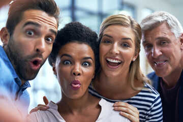 Business people, selfie and funny face in portrait at startup with group, diversity and solidarity...